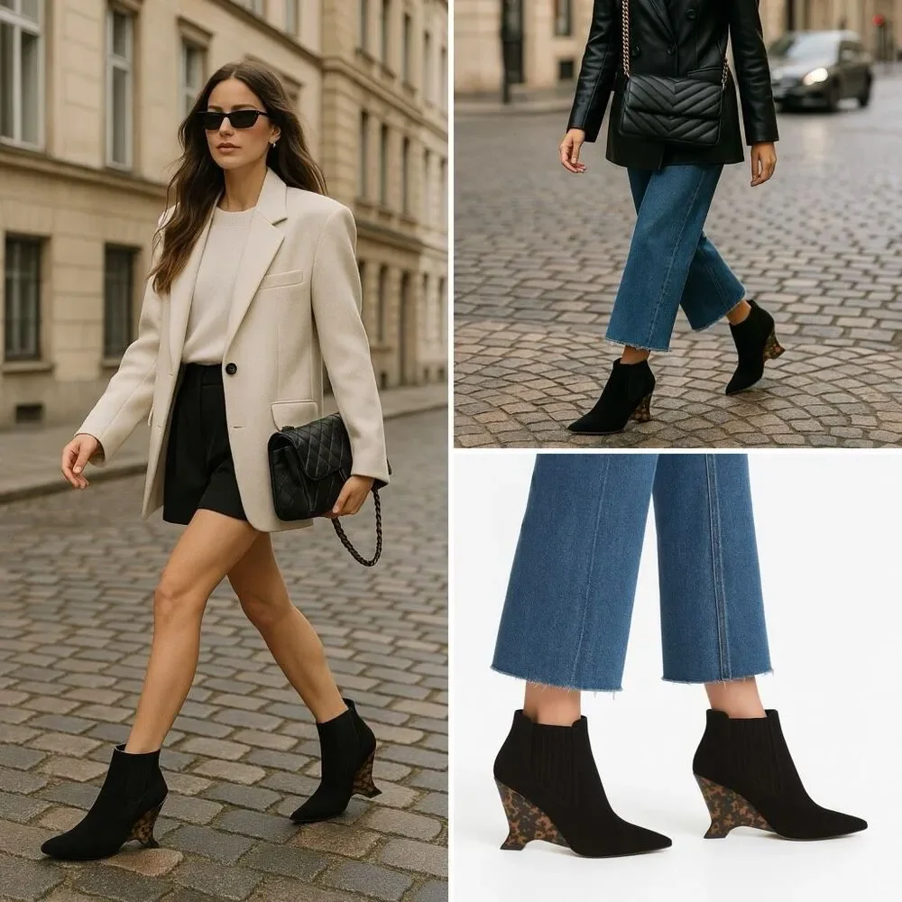 DIOR Optic-D Black Suede Chelsea Ankle Boot 37.5 Sculpted Tortoiseshell Wedge
